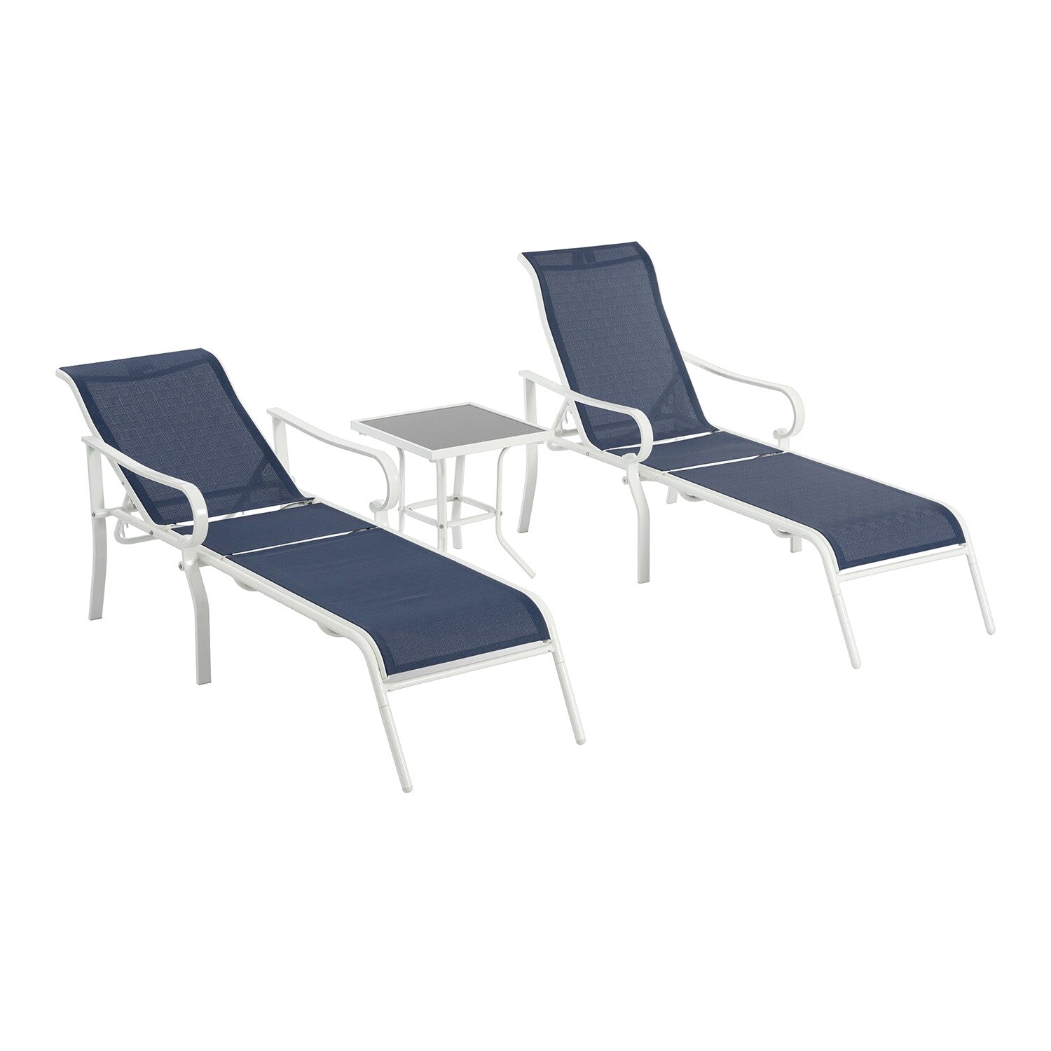 Bybafun Set of 2 White Metal Frame Stationary Chaise lounge Chair with Blue Sling Seat