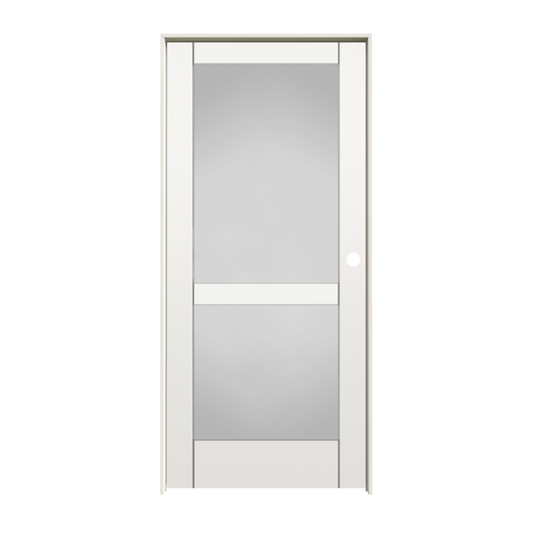 RELIABILT 28-in x 80-in Solid core 2-panel square Frosted glass Left hand Smooth Unfinished MDF Flat Jamb Single Prehung Interior Door