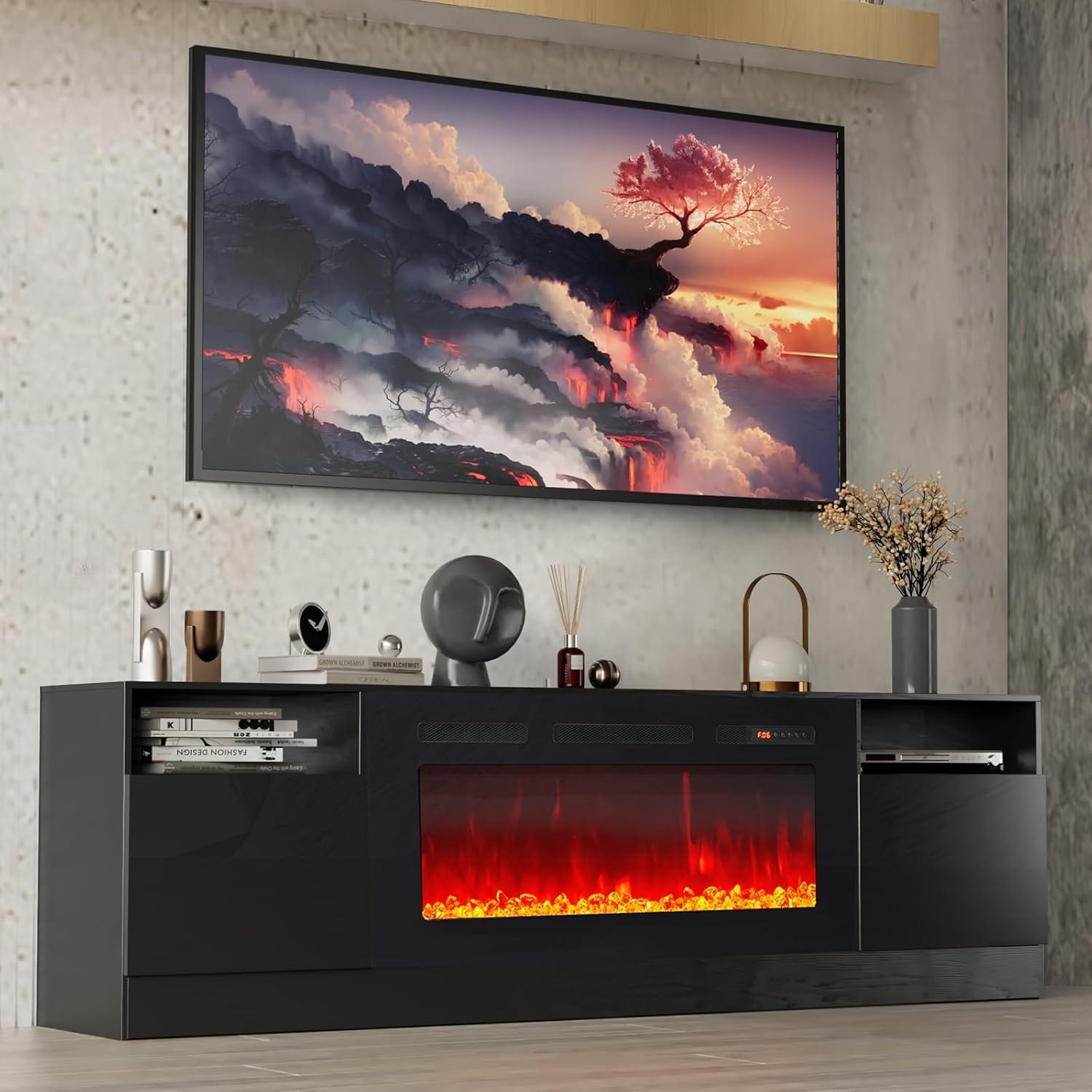 AOXUN 70-in W Black TV Stand with LED Electric Fireplace H21007BK+H20023
