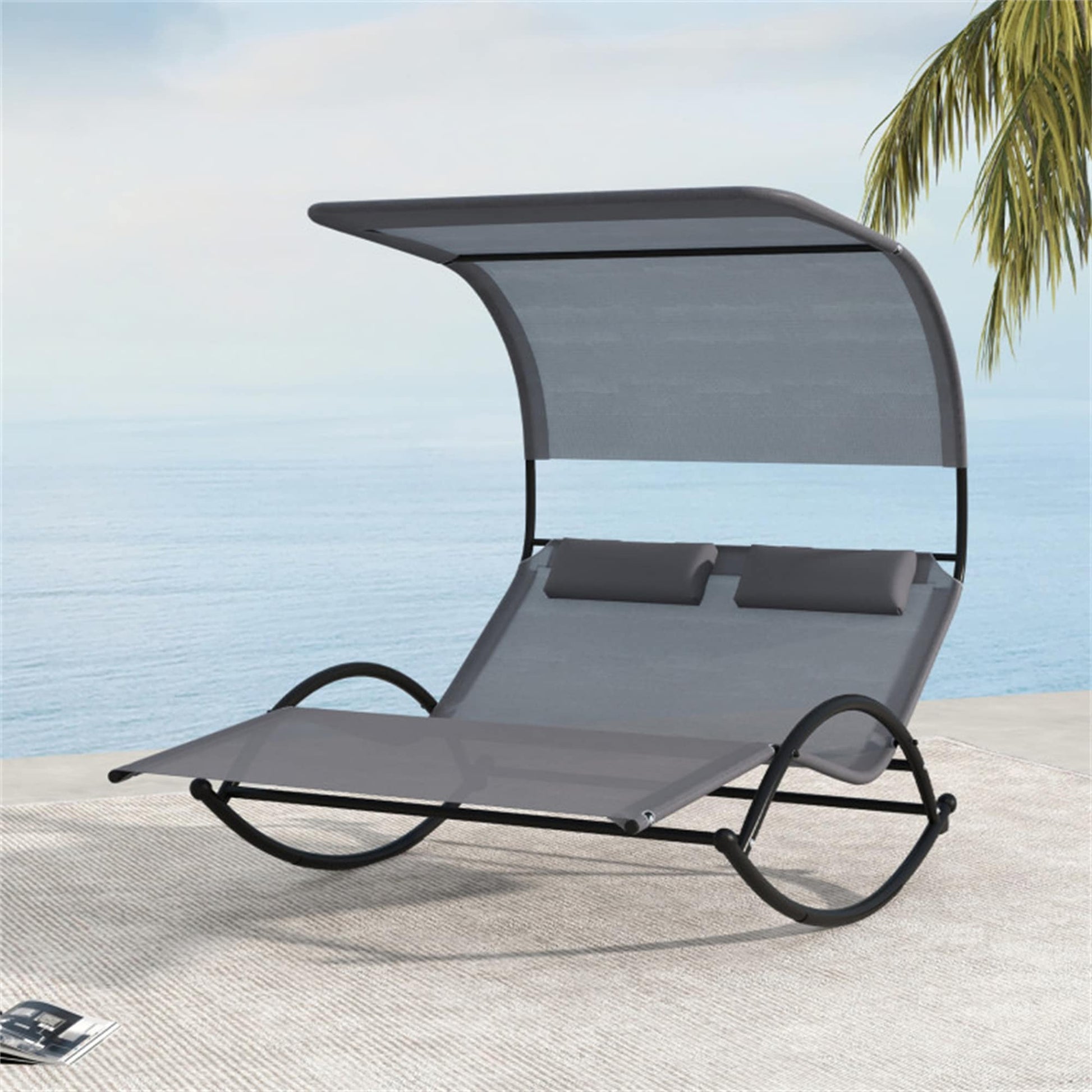 BABOOM Outdoor Canopied Patio Lounger Gray Metal Frame Chaise Lounge Chair with Gray Solid Seat