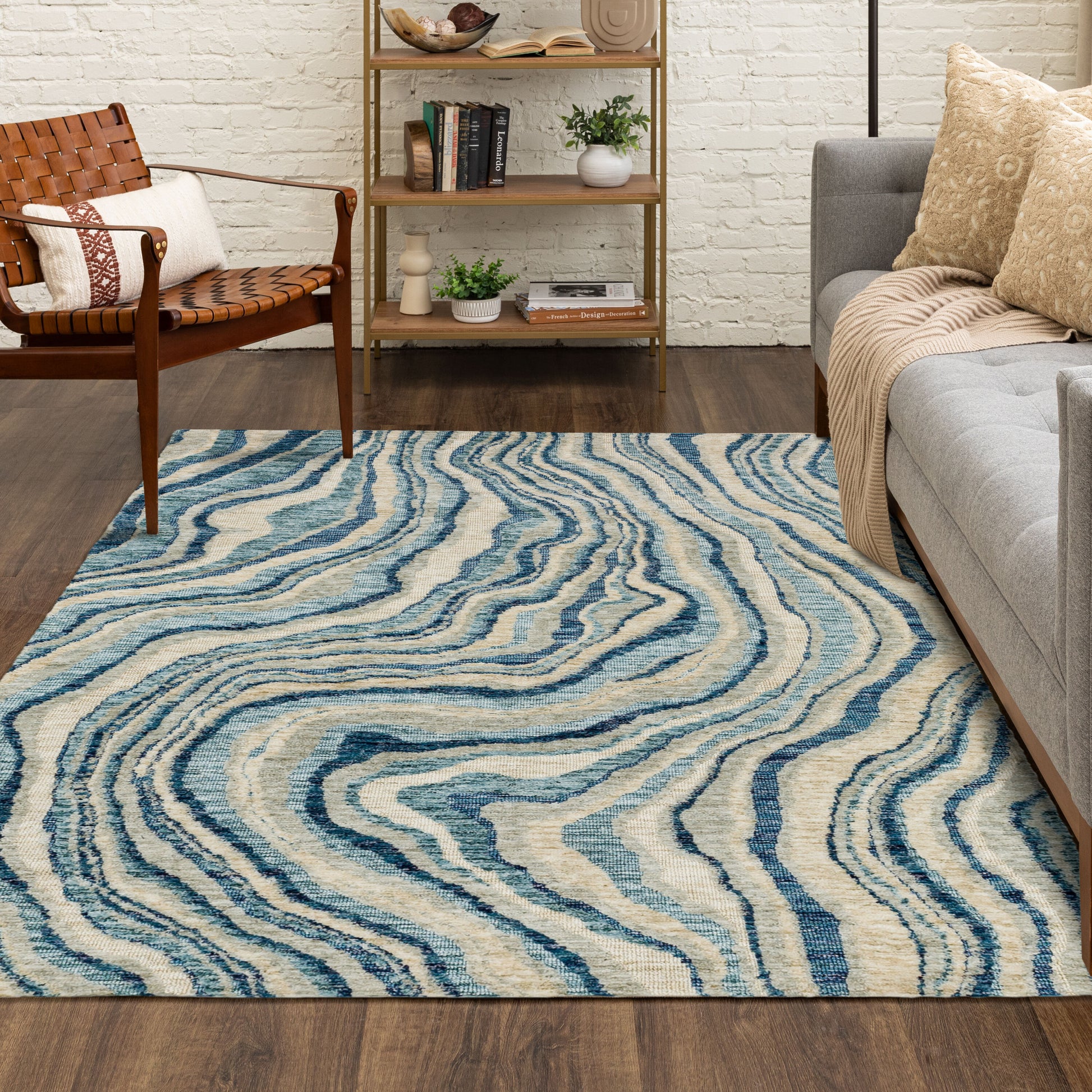 Origin 21 Coastal Tides 7 x 10 (ft) Polyester Blue Rectangular Indoor Abstract Mid-Century Modern Area rug