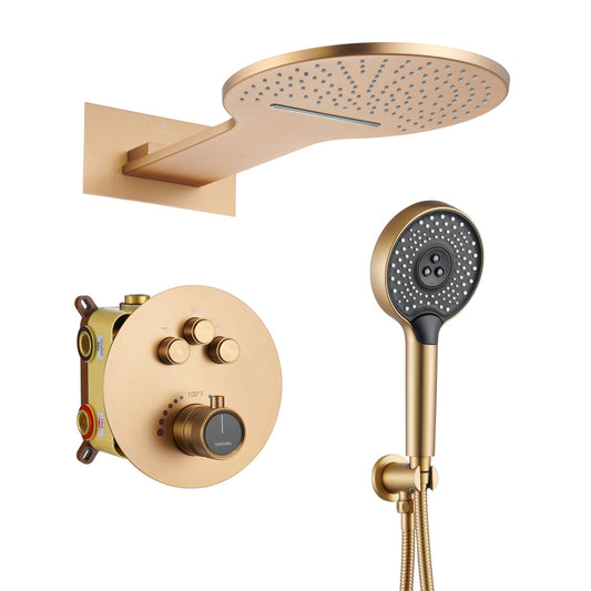 CASAINC Brushed Gold 22-in Waterfall Built-In ShowerÂ FaucetÂ System with 3-way Diverter ( Thermostatic Valve Included )