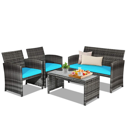 Sumyeg 4 Pieces Patio Rattan Furniture Set with Glass Table and Loveseat 4 -Piece Rattan Patio Conversation Set with Blue Cushions