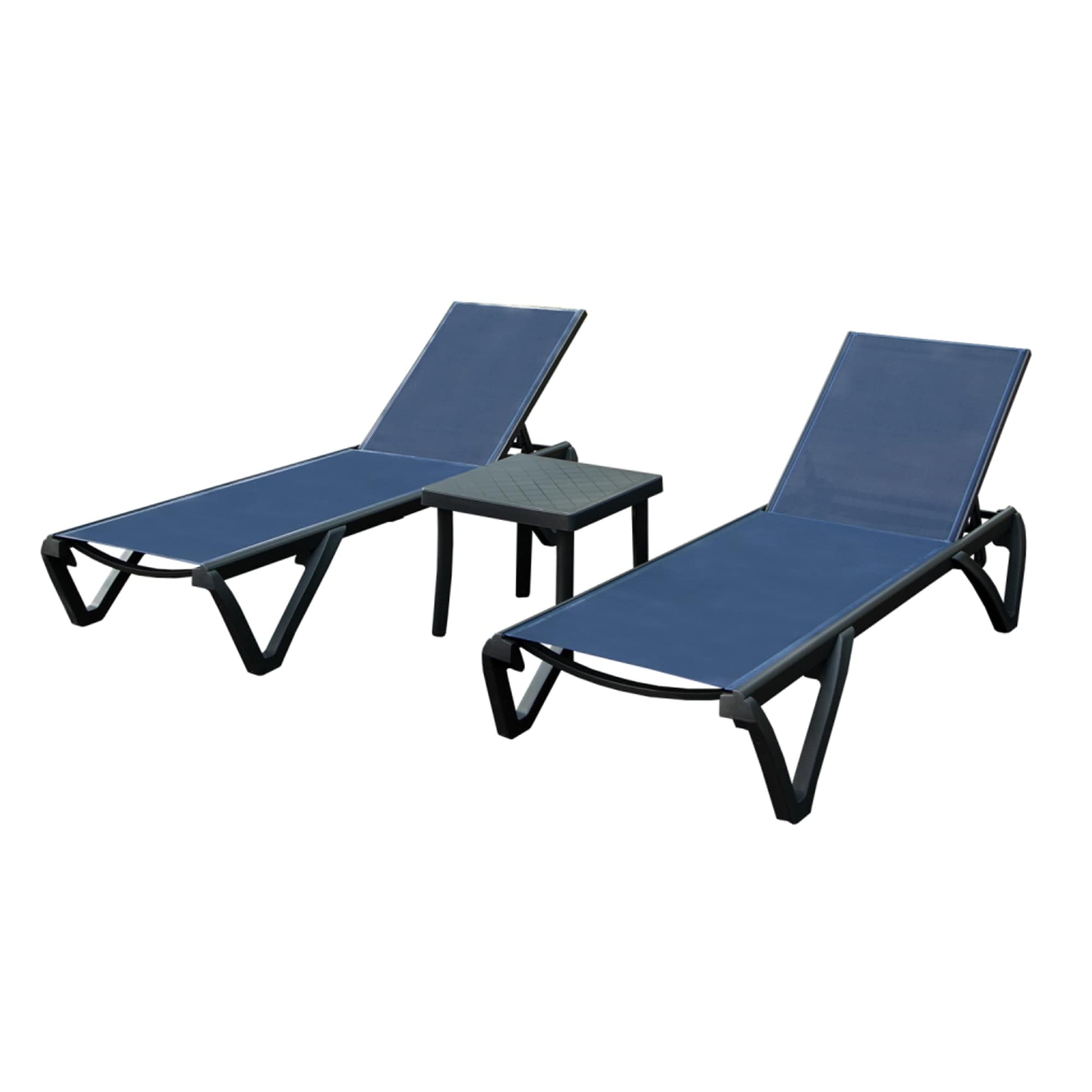 AAZJ Patio Chairs Set of 2 Stackable Black Aluminum Frame Stationary Chaise Lounge Chair with Blue Mesh Seat
