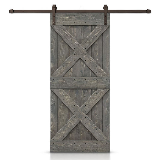 CALHOME 24-in x 84-in Weather Gray Stained Cross bar Pine Wood Hollow core Single Barn Door (Hardware Included)