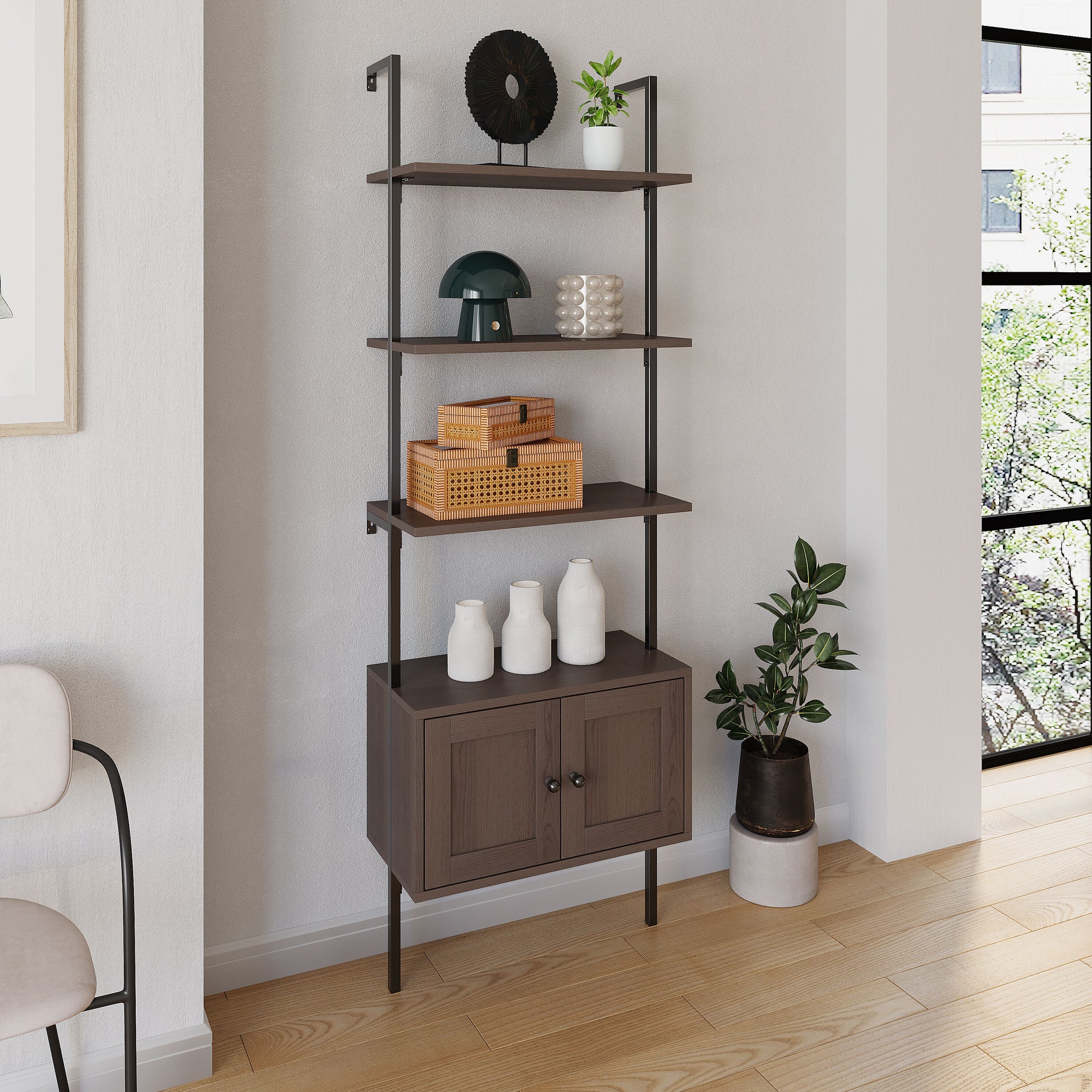 happimess 13.78-in D x 23.62-in L Brown/Black MDF Rectangular Tiered shelf