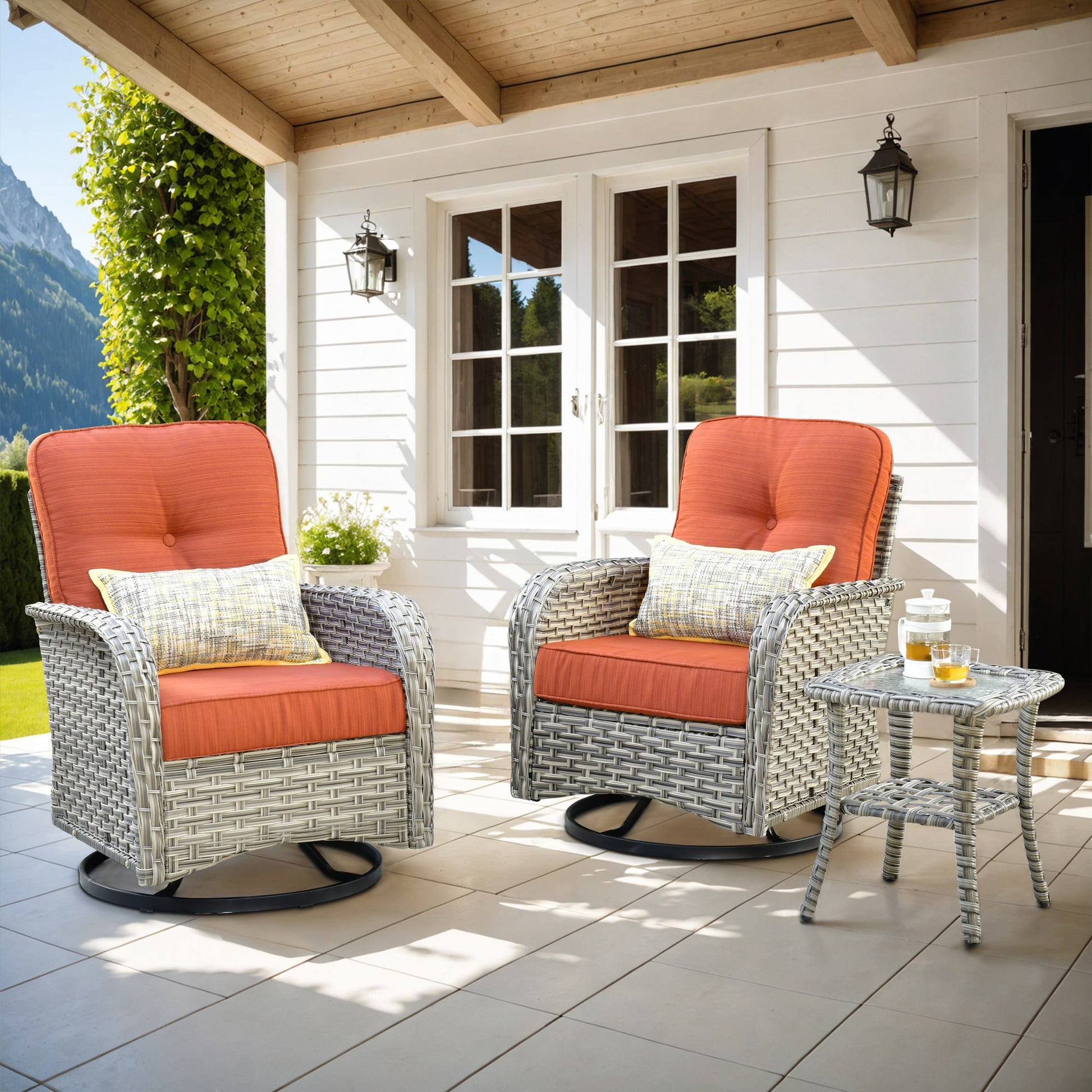 Pouuin 3 -Piece Wicker Patio Conversation Set with Orange Cushions