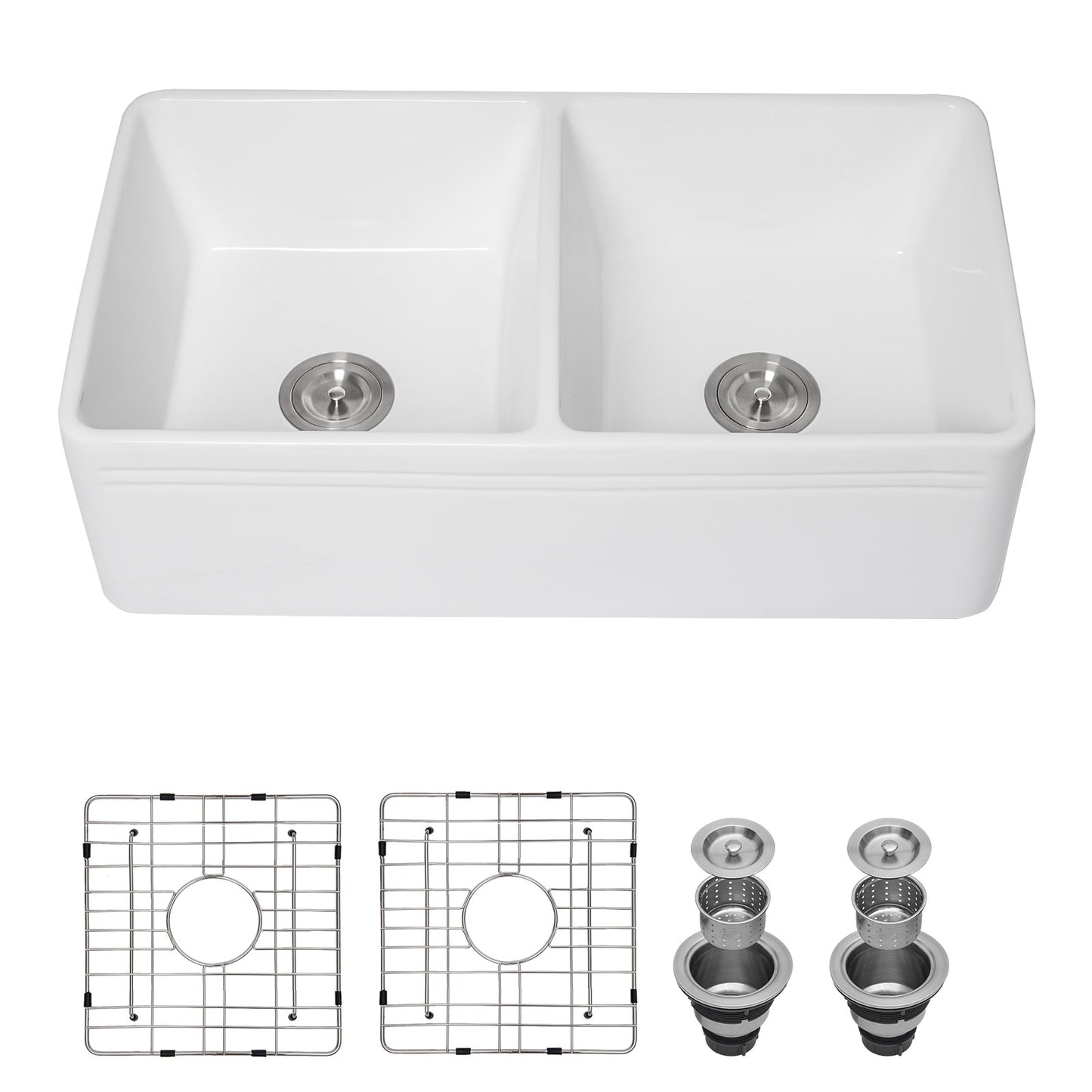 Lordear 50/50 Bowl Farmhouse apron front 33-in x 18-in Fireclay Double equal bowl Kitchen Sink