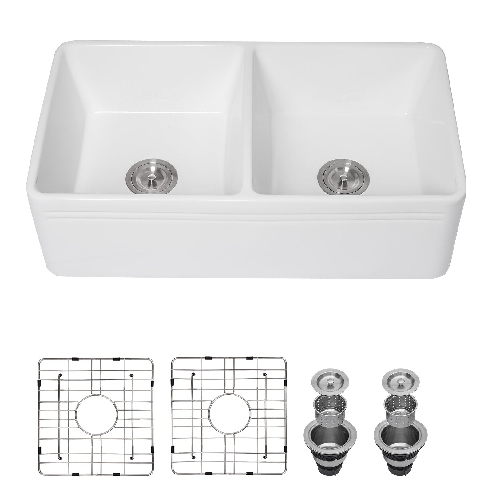 Lordear 50/50 Bowl Farmhouse apron front 33-in x 18-in Fireclay Double equal bowl Kitchen Sink