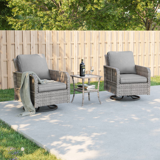 ACEGOSES Swivel rocker 3 -Piece Wicker Patio Conversation Set with Gray Cushions