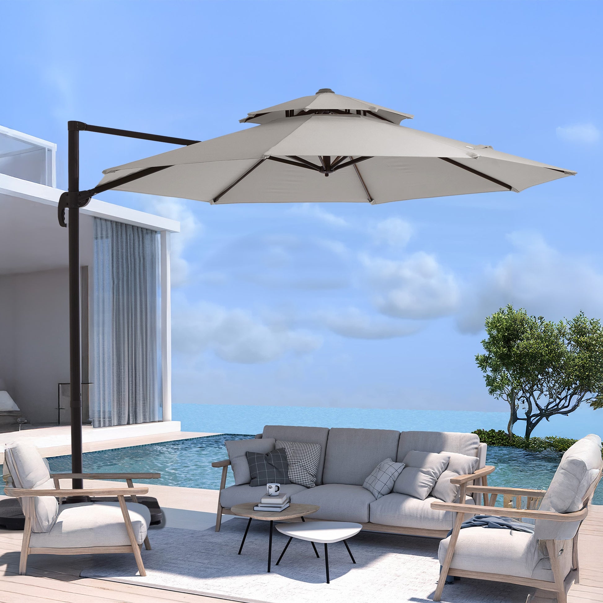 VOUA 11-ft Aluminum Off-white Crank Cantilever Patio Umbrella