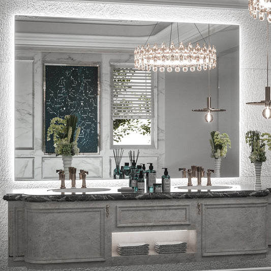 Keonjinn Backlit Tempered Glass Bathroom Mirrors 48-in x 36-in Polished Frameless Rectangle Dimmable LED Lighted Fog Free Bathroom Vanity Mirror ( Bright White )