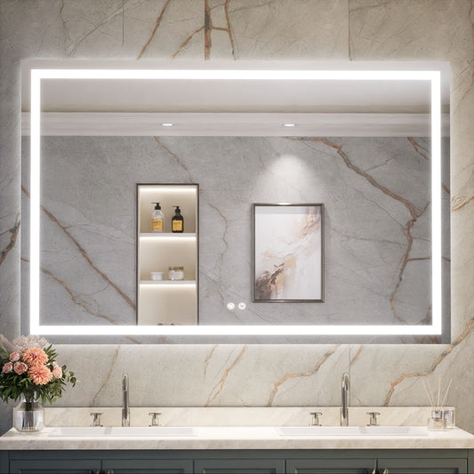 Keonjinn Backlit + Frontlit Tempered Glass Bathroom Mirrors 60-in x 40-in Polished Frameless Rectangle Dimmable LED Lighted Fog Free Bathroom Vanity Mirror ( Silver )