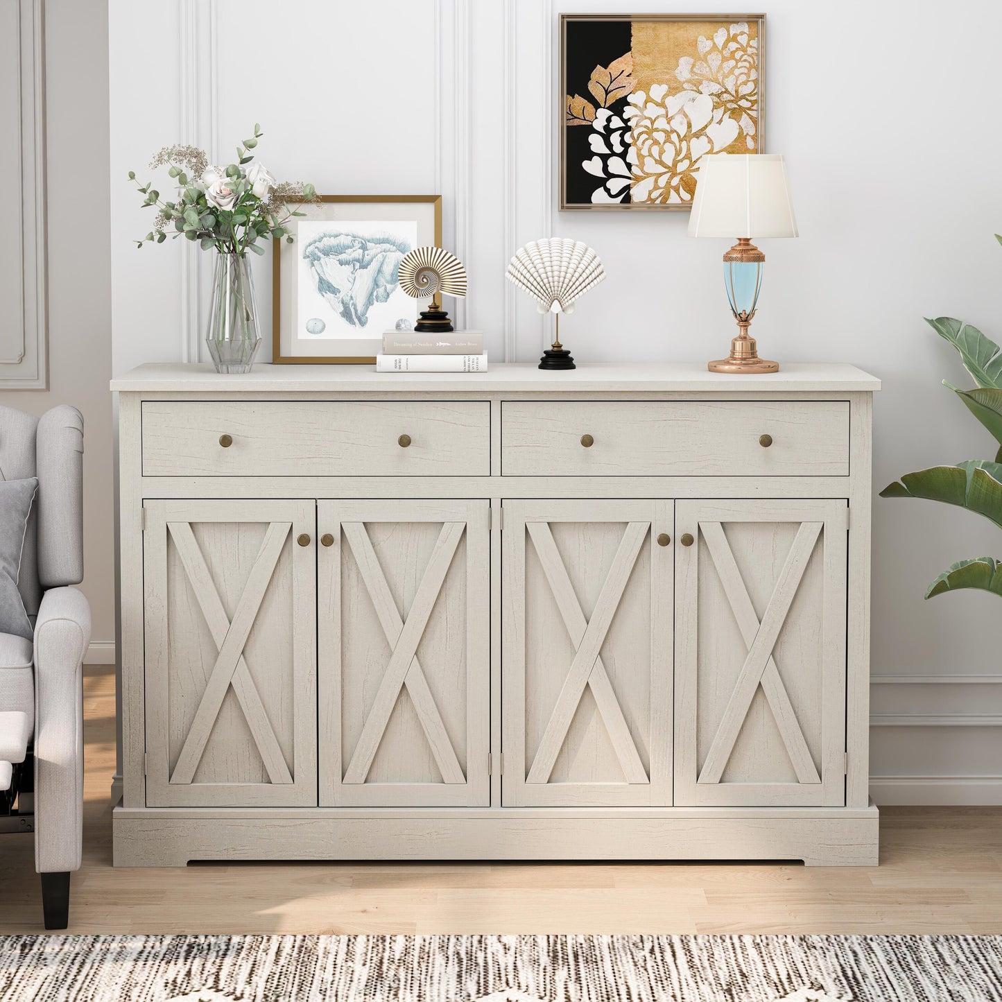Bayfeve Room Storage Cabinet Rustic Vintage White Sideboard