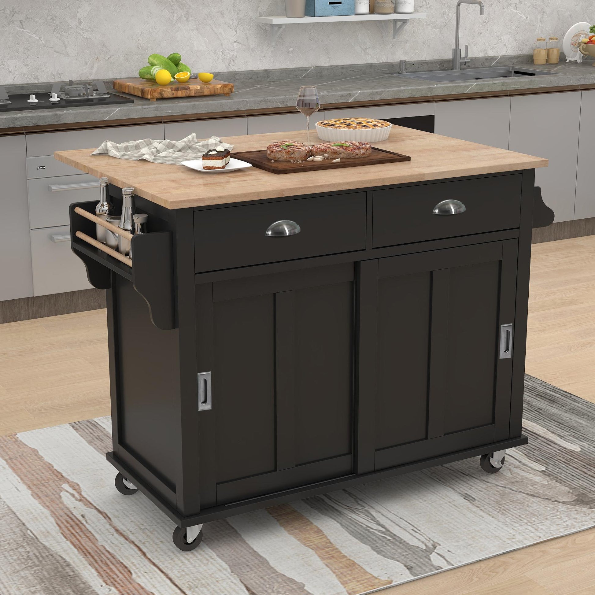 Bayfeve Black MDF Base with Wood Wood Top Rolling Kitchen Island ( 52.2-in x 52.2-in x 36.6-in )