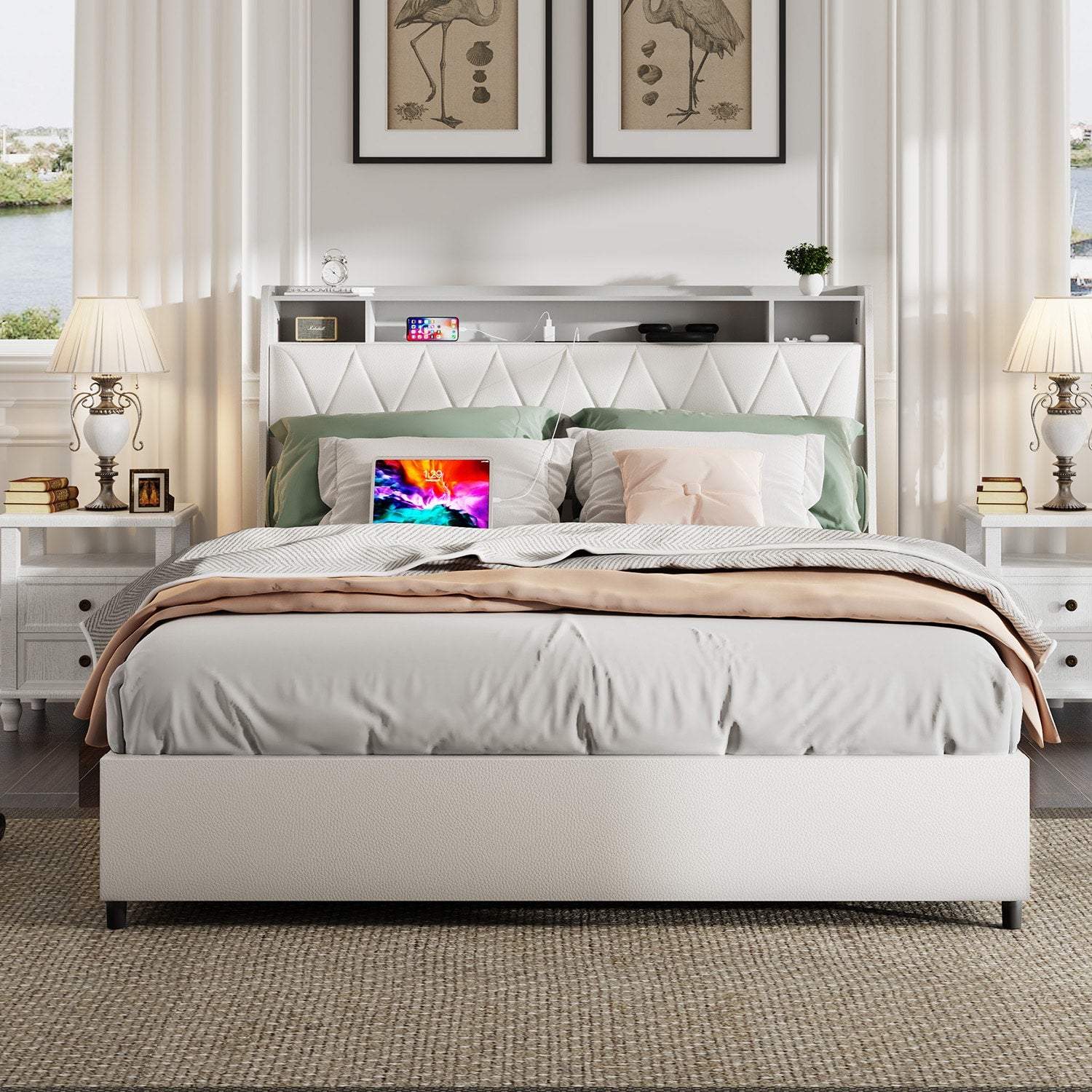 GZMR Queen White Storage Bed Frame with Headboard