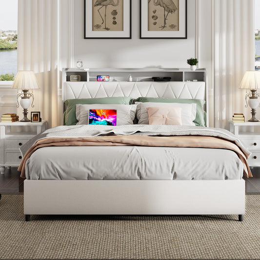 GZMR Queen White Storage Bed Frame with Headboard