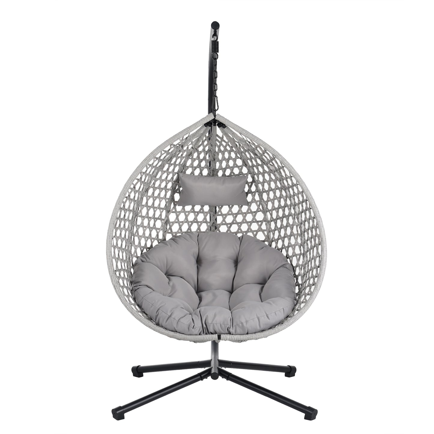 AHIOU HOME Hartford Wicker Gray Metal Frame Hanging Egg Chair with Gray Cushioned Seat