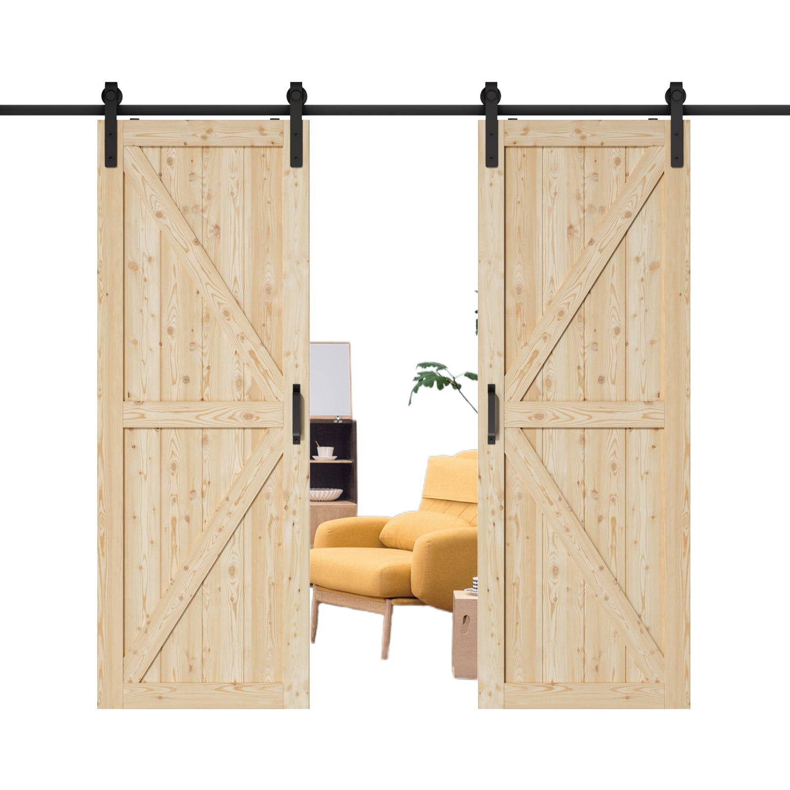 JUJUBON 60-in x 84-in natural Unfinished K-frame Pine Wood Solid core Double Barn Door (Hardware Included)