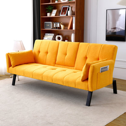 70 inch Futon Sofa Bed Cotton Linen Sofa Couch Convertible Folding Recliner with 2 Cup Holders,Side Storage for Living Room,Yellow