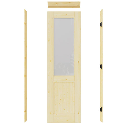 JUJUBON 24-in x 80-in Natural Quickly Assemble Jamb Solid core 1-panel Frosted glass Right hand Textured Unfinished Pine Wood Flat Jamb Single Prehung Interior Door