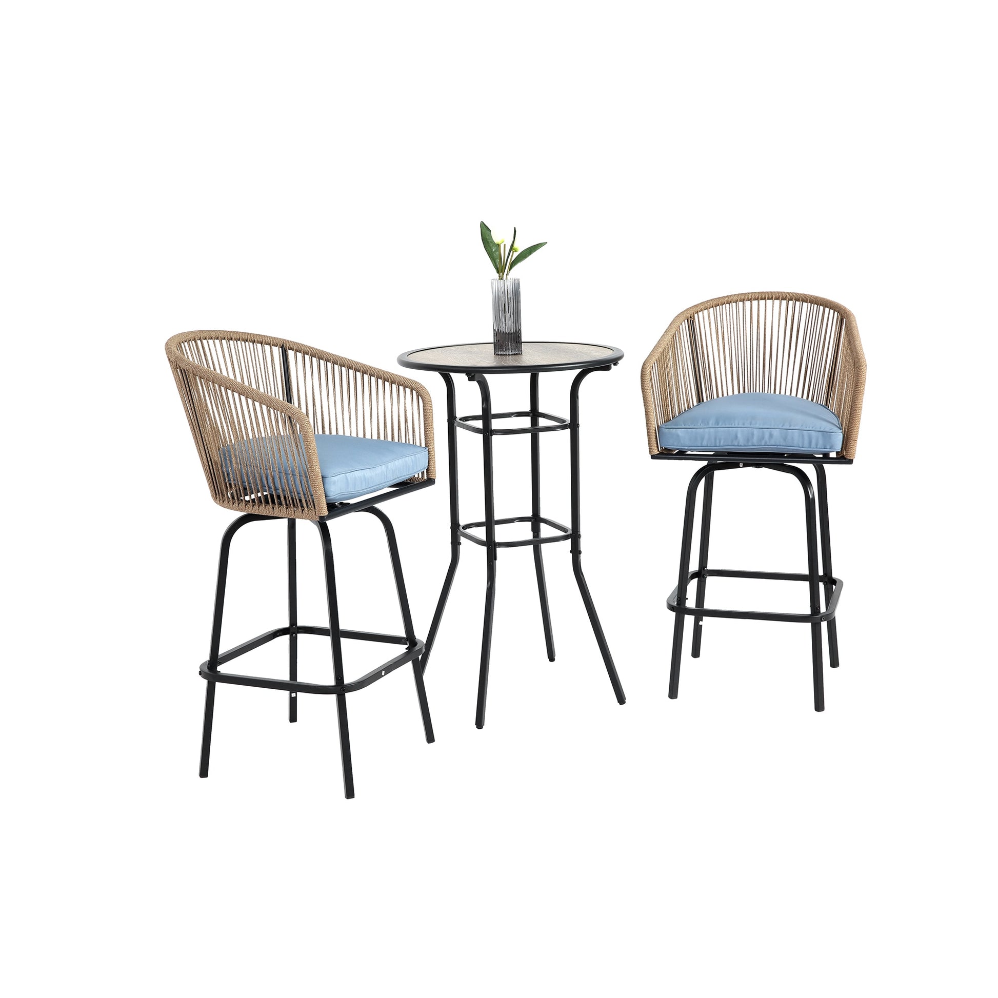 Bybafun Set of 2 Woven Black Steel Frame Spring motion Bar Stool Chair with Blue Cushioned Seat
