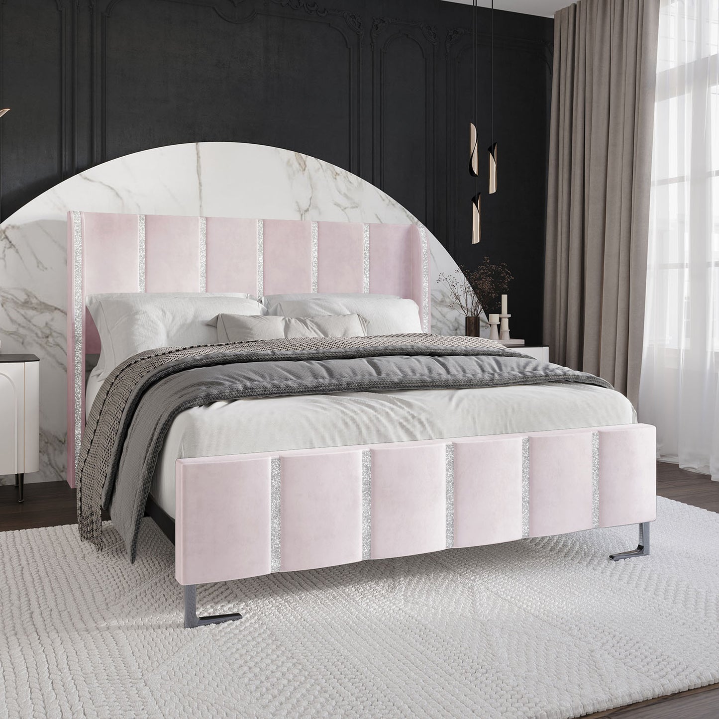 ChaletPosh King Light Pink Wood Upholstered Bed with Headboard