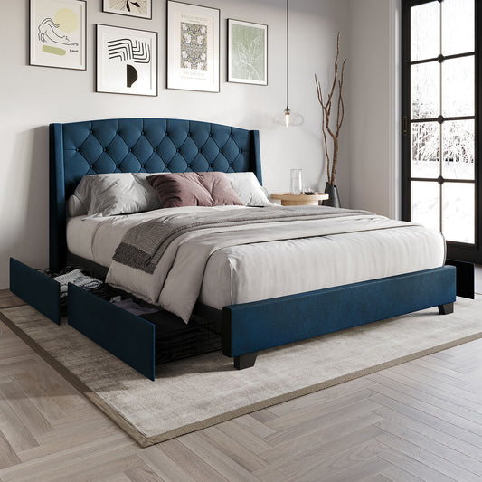 ChaletPosh Queen Navy Blue Wood Storage Platform Bed with Headboard