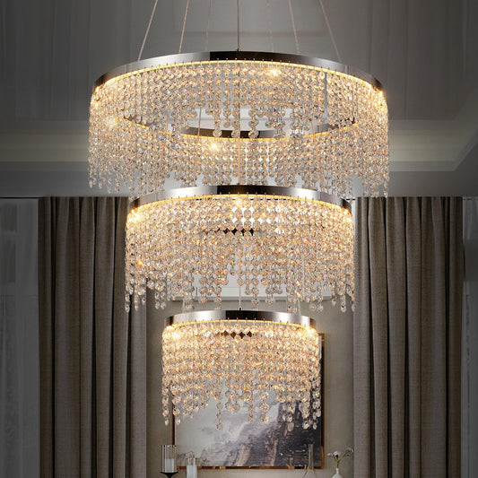 Bayfeve Luxury 3-Tier Round Crystal Chandelier 3 -Light Gloss Chrome Glam Integrated LED Crystal For Use in Bedrooms, Dining Rooms, Foyers, Kitchens, Living Rooms Chandelier