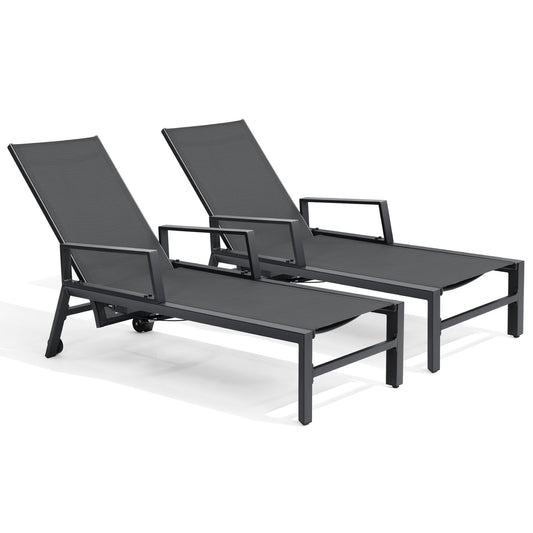 Crestlive Products Outdoor Patio Adjustable Chaise Lounge Chair Set of 2 Black Aluminum Frame Stationary Chaise Lounge Chair with Black Texteline Mesh Seat