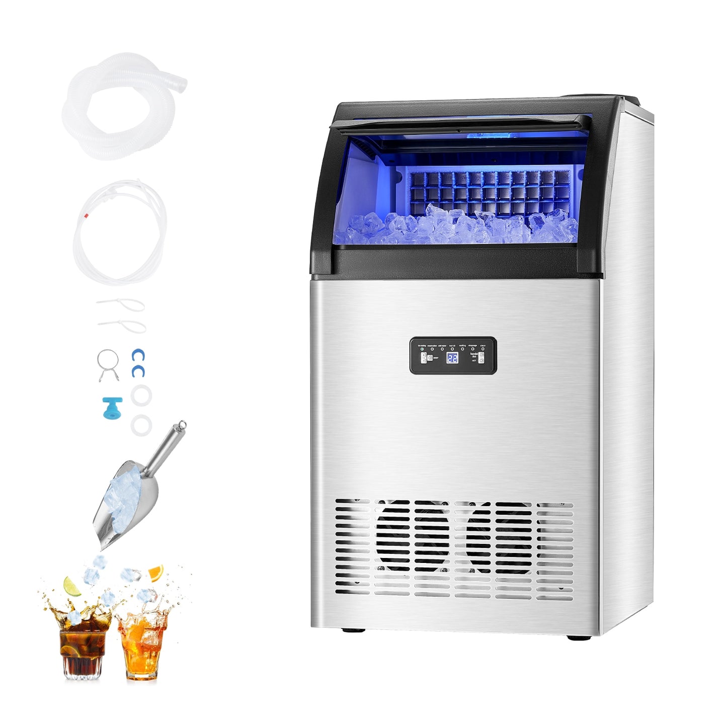VEVOR 33 LBS Storage Ice Maker 130-lb Ice Per day Freestanding Cubed Ice Maker ( Stainless Steel + PP )
