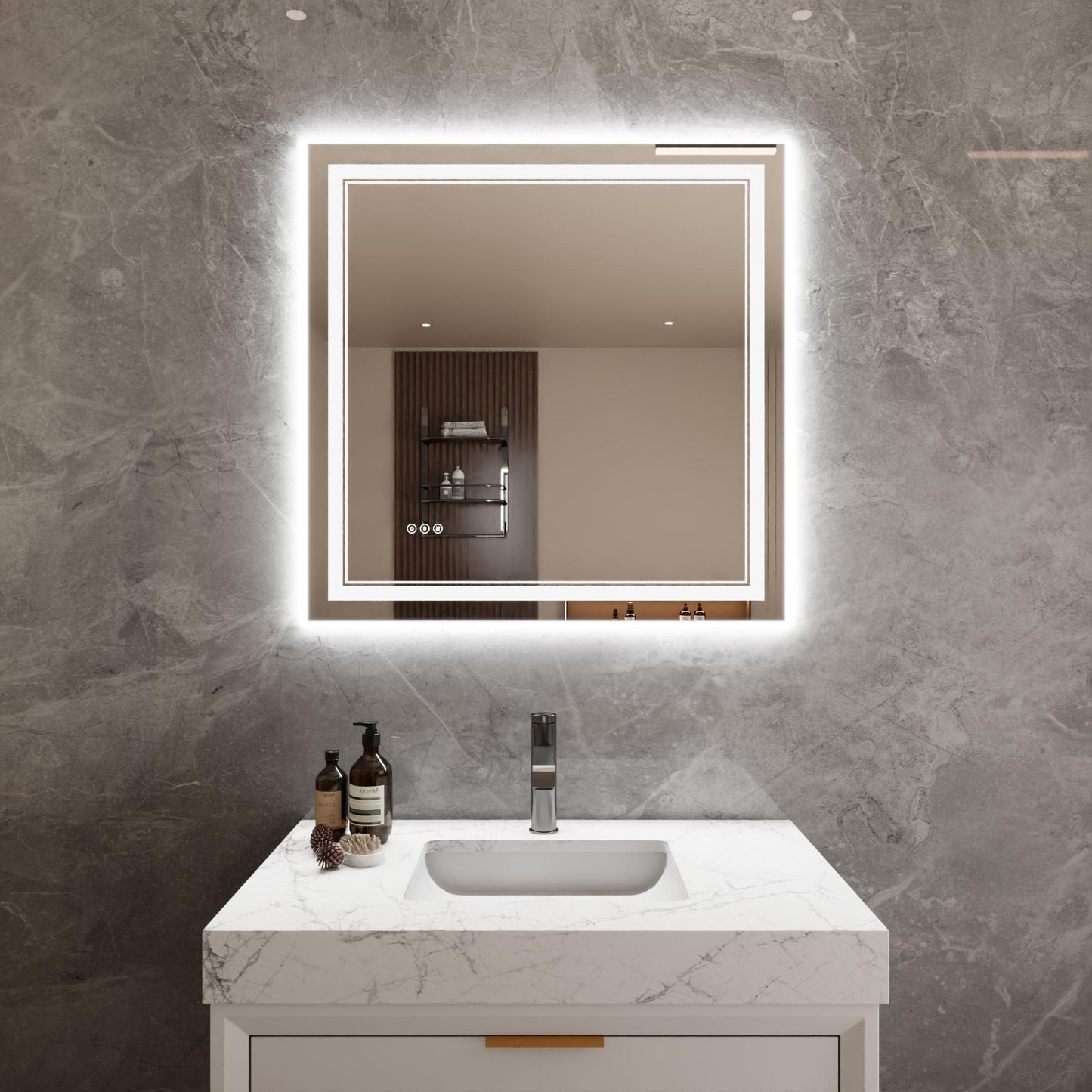 Bayfeve Modern Multifunction LED Bathroom Mirror 35.83-in x 35.83-in Polished Frameless Square Dimmable LED Lighted Fog Free Bathroom Vanity Mirror ( Silver )