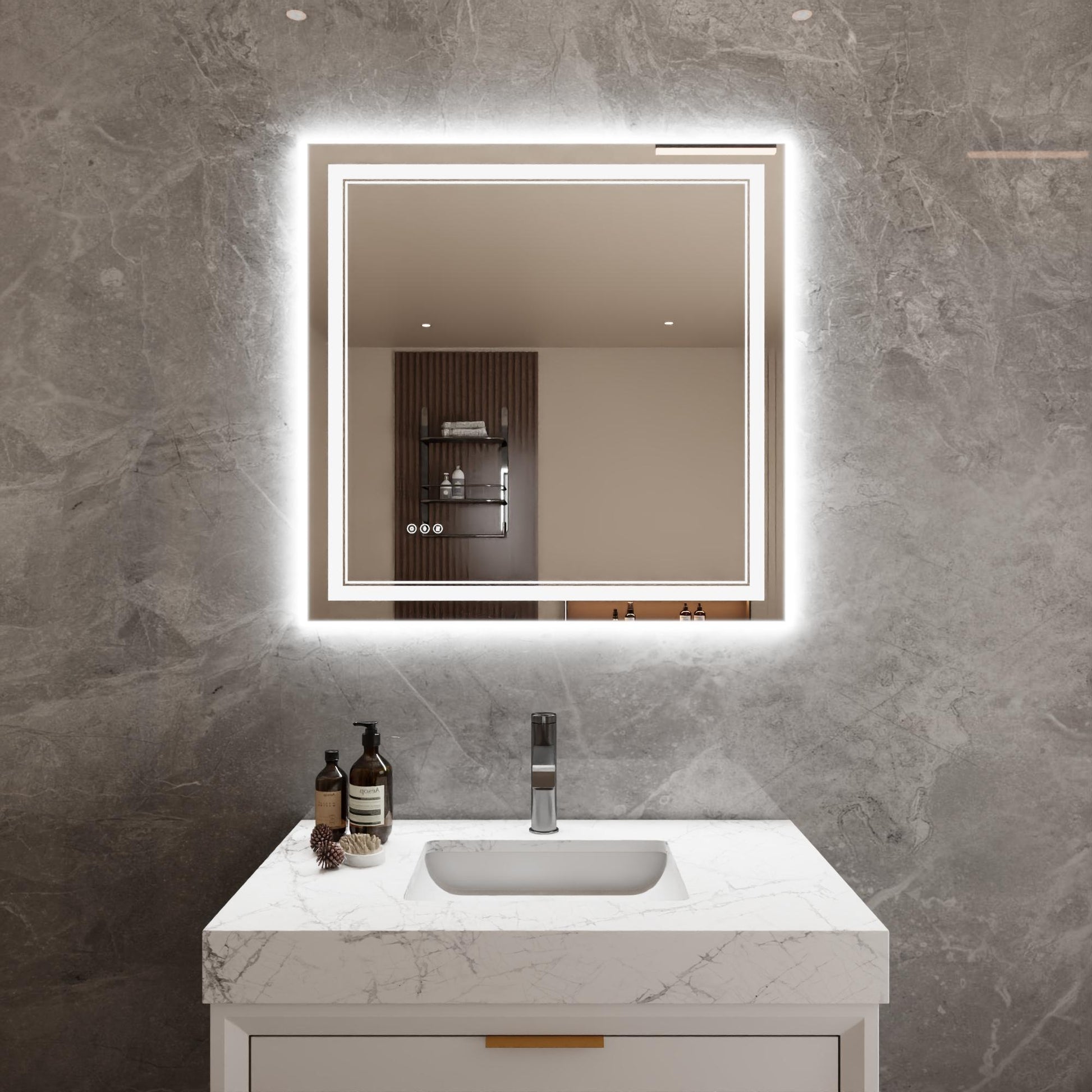 Bayfeve Modern Multifunction LED Bathroom Mirror 35.83-in x 35.83-in Polished Frameless Square Dimmable LED Lighted Fog Free Bathroom Vanity Mirror ( Silver )