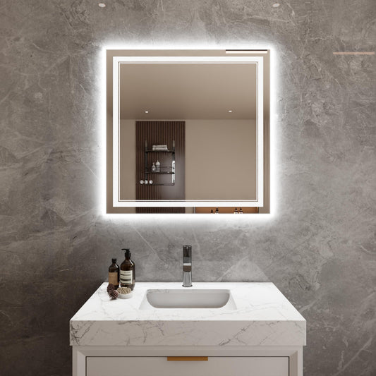 Bayfeve Modern Multifunction LED Bathroom Mirror 35.83-in x 35.83-in Polished Frameless Square Dimmable LED Lighted Fog Free Bathroom Vanity Mirror ( Silver )