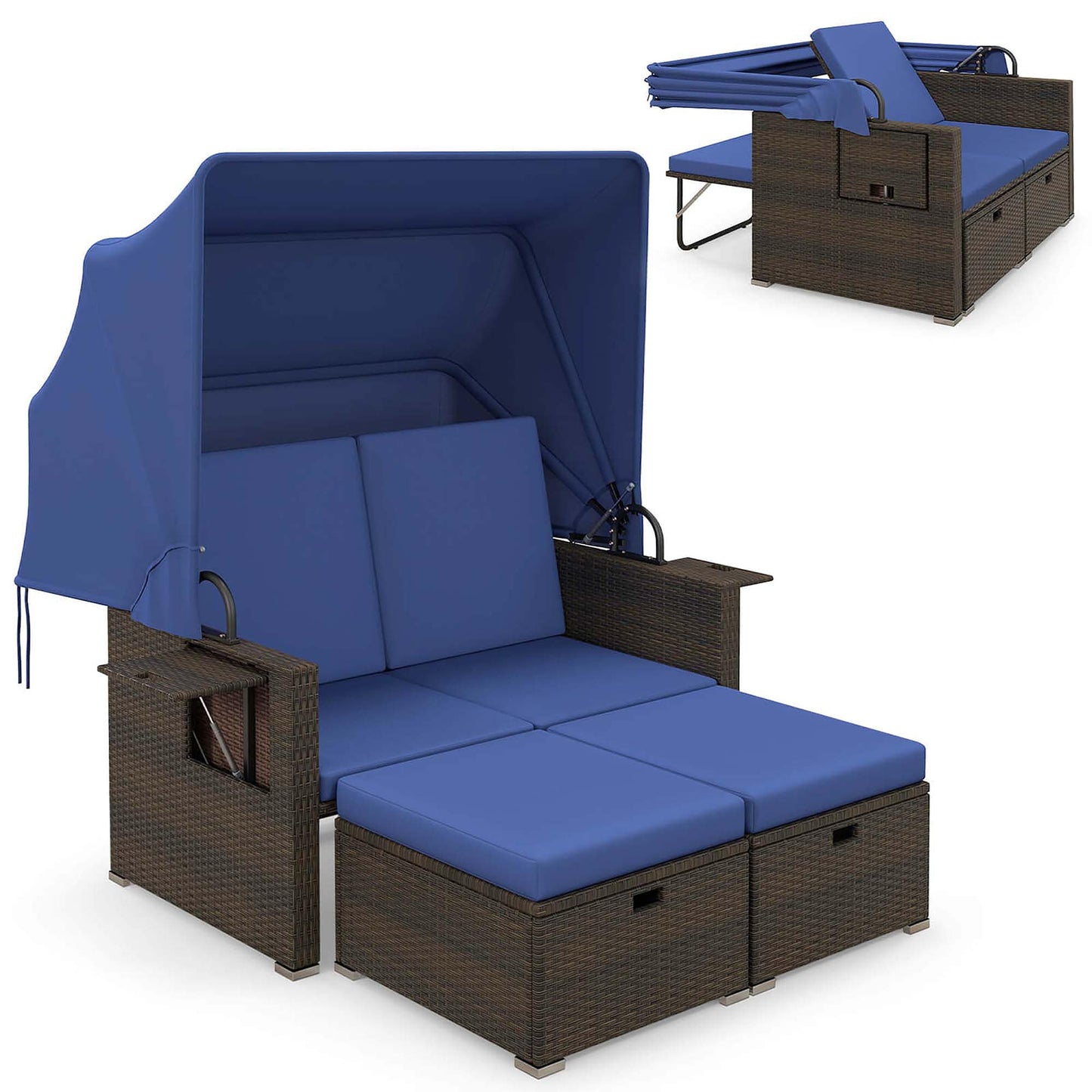 Costway Rattan Outdoor Daybed with Blue Cushions and Steel Frame