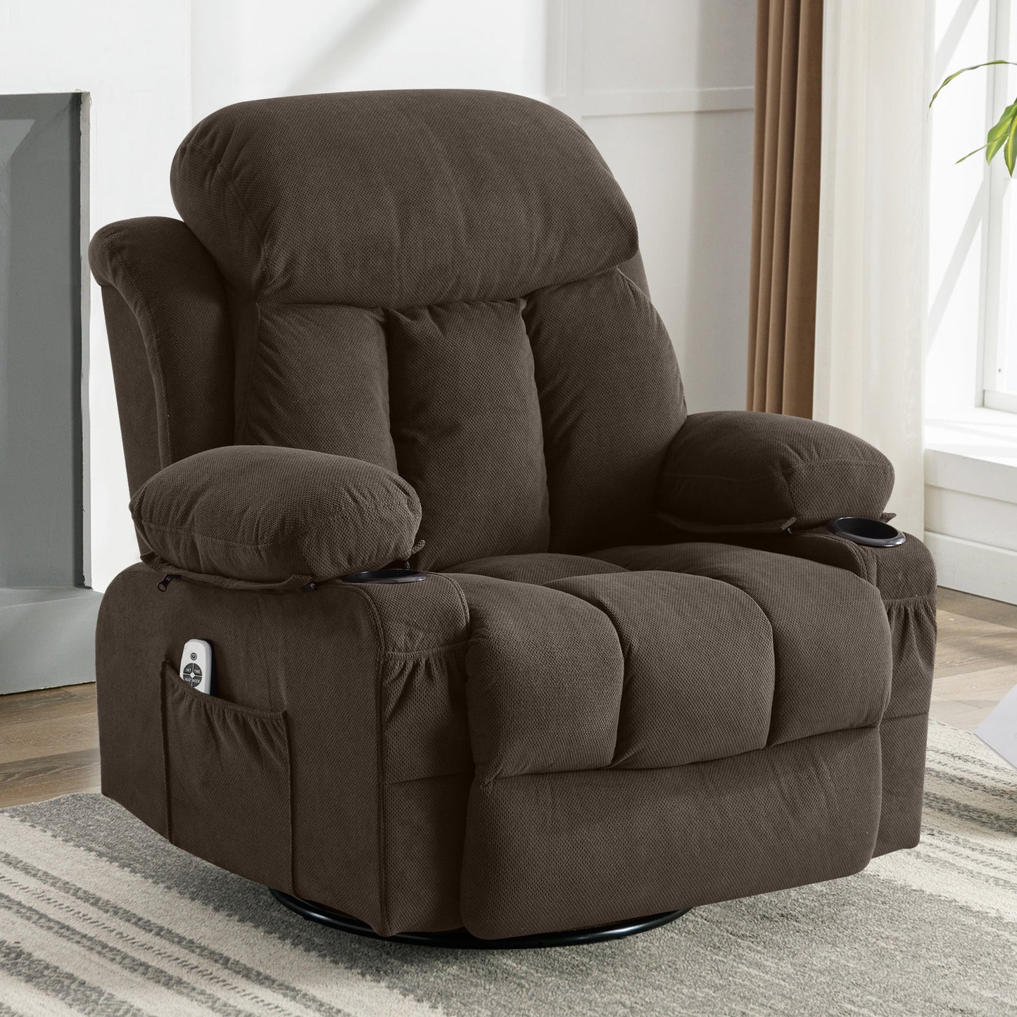 Sumyeg Swinging massage heated Recliner chair Brown Velvet Upholstered Swivel Massage chair