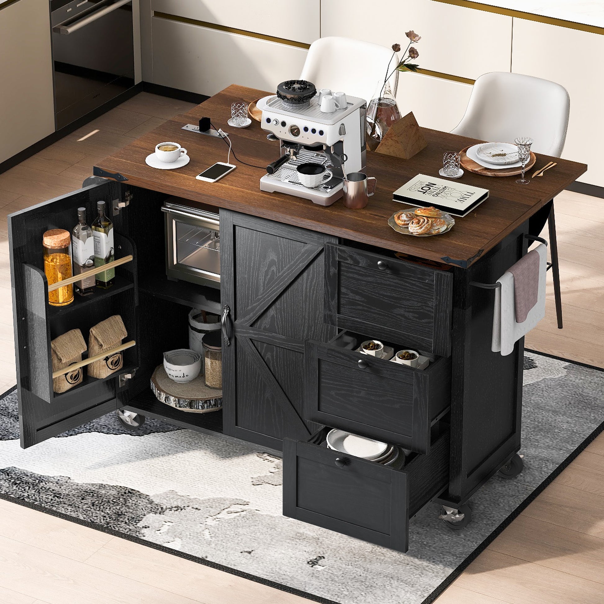ModernLuxe Black MDF Base with Wood Wood Top Rolling Kitchen Island ( 28.75-in x 54.5-in x 36.5-in )