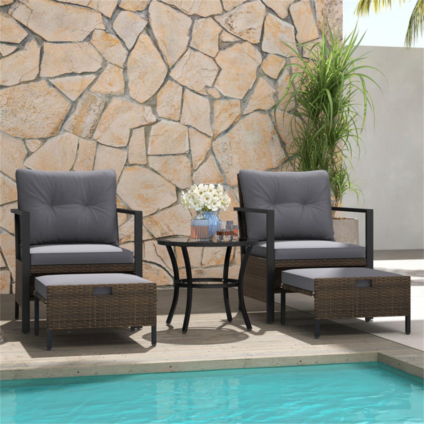 BABOOM Patio Conversation Set 5 -Piece Rattan Patio Conversation Set with Gray Cushions