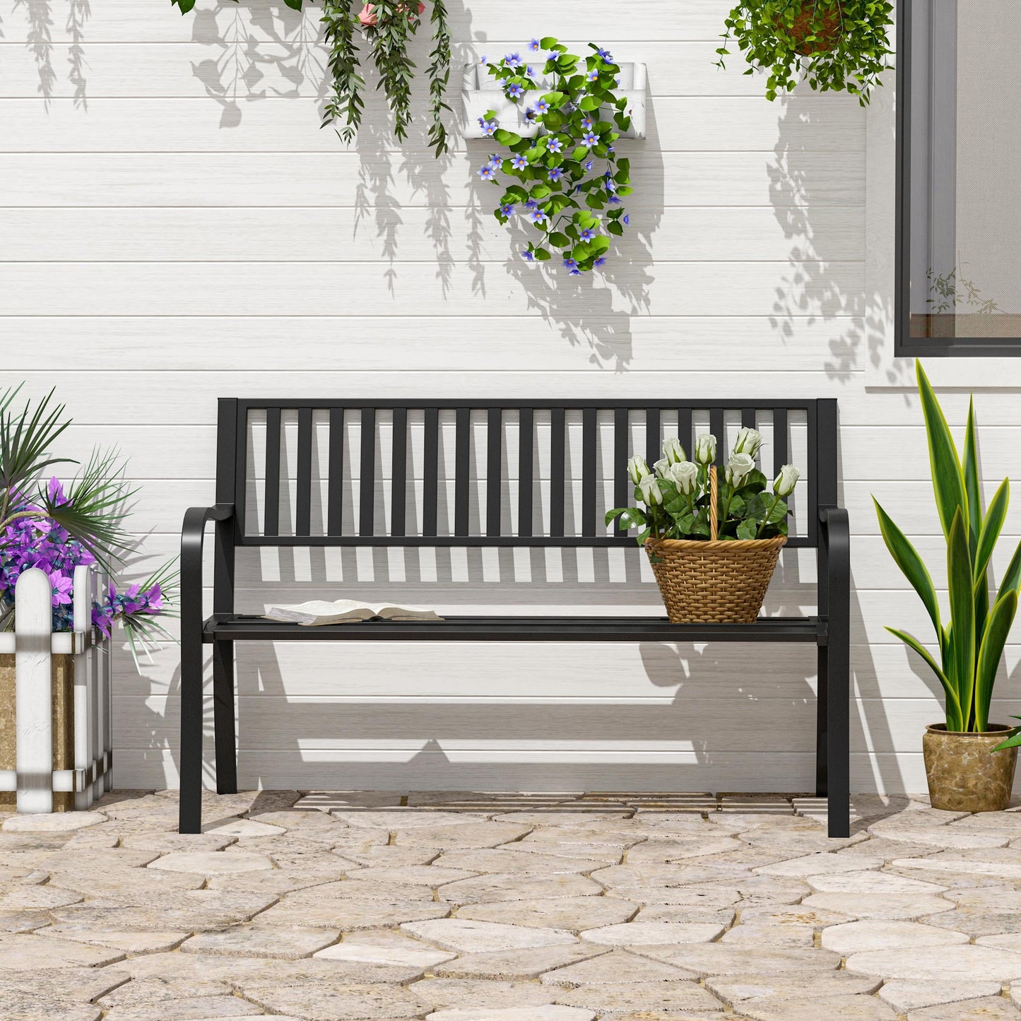 Bayfeve Metal Porch Bench 50-in W x 32-in H Black Steel Garden Bench