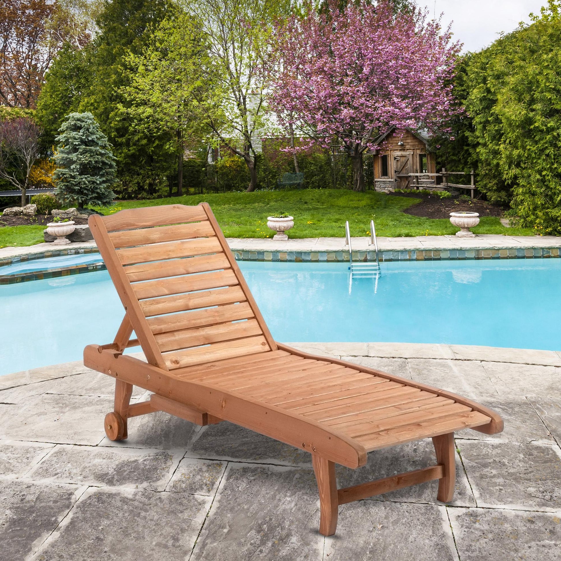 Bayfeve Outdoor Chaise Lounge Chair with Wheels Natural Wood Wood Frame Stationary Chaise Lounge Chair with Brown Slat Seat