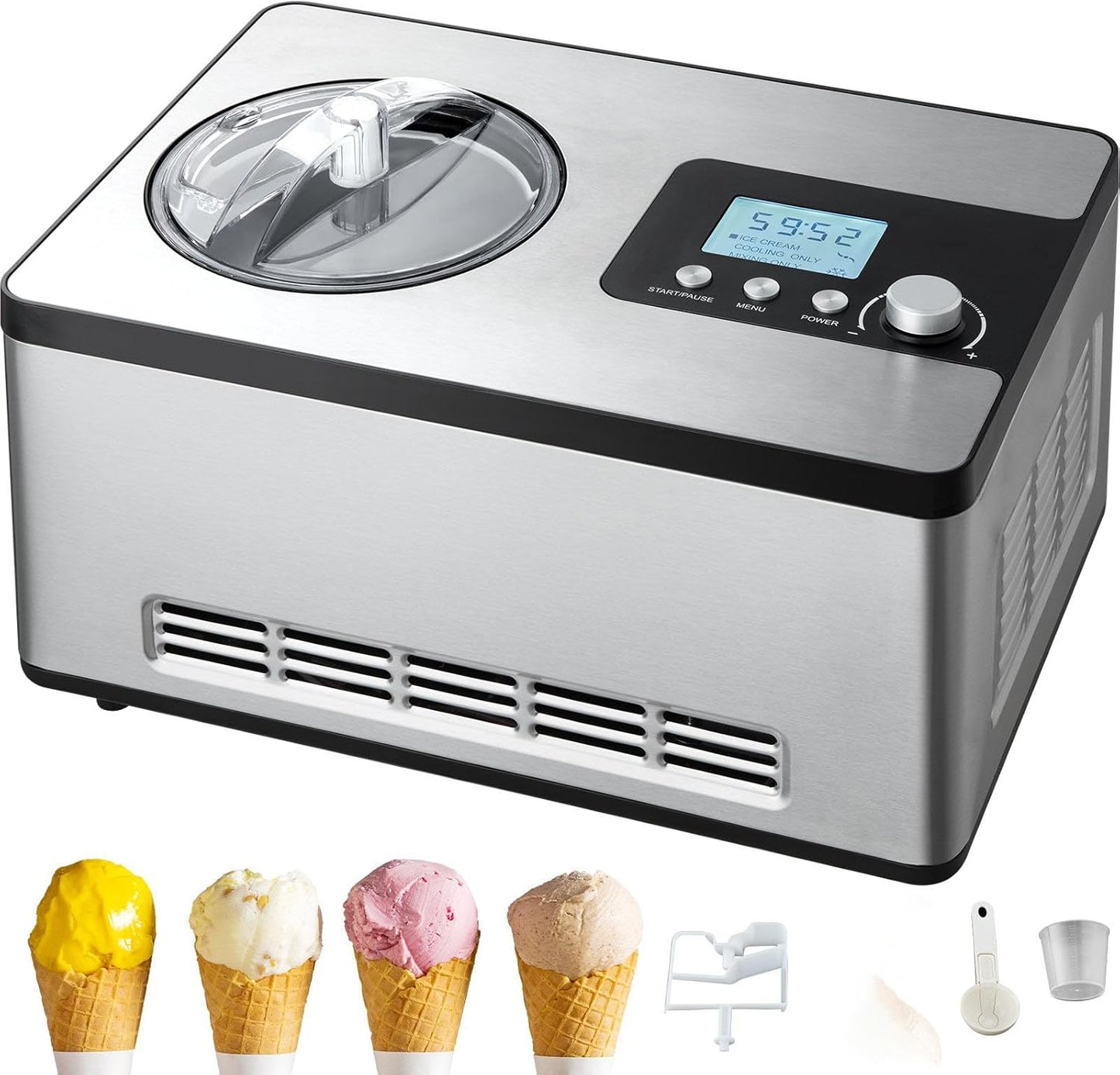 Automatic Ice Cream Maker With Built-In Compressor, 2 Quart Fruit Yogurt Machine, 3 Modes Gelato Maker With Lcd Display & Timer, Silver Stainless Steel Electric Sorbet Maker, None*None*None