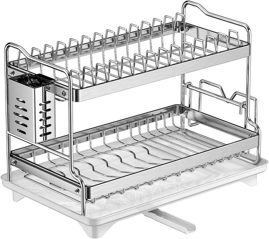 Dish Drying Rack, Double Layered countertop Kitchen Organizer with Drainage Large Bowl Rack and Storage Rack with Drainage Board, Suitable for Kitchen Bars (Silver)