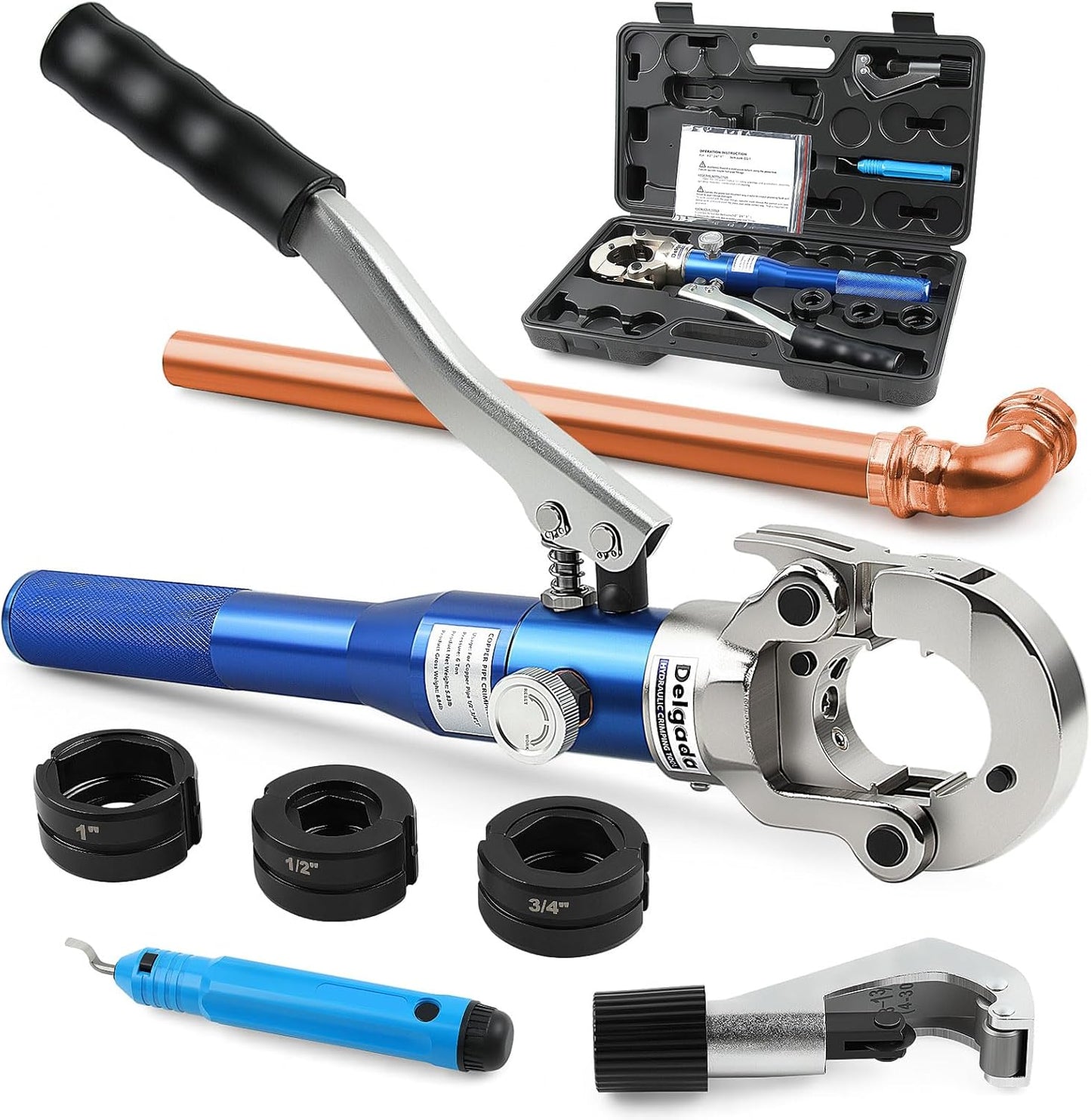 Delgada Copper Propress Tool Hydraulic Copper Pipe Crimping Tool with 1\/2" 3\/4" 1" Jaws, Pipe Cutter and Deburring Tool, for Plumbing Narrow Space and Tee Fittings