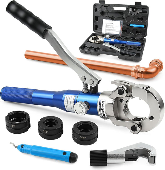 Delgada Copper Propress Tool Hydraulic Copper Pipe Crimping Tool with 1\/2" 3\/4" 1" Jaws, Pipe Cutter and Deburring Tool, for Plumbing Narrow Space and Tee Fittings