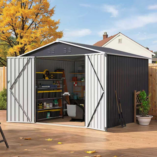 8x8 FT Outdoor Storage Shed, Utility Metal Tool Storage with Lockable Doors and Updated Frame Structure, Large Metal Garden Shed for Backyard, Patio Lawn, Black