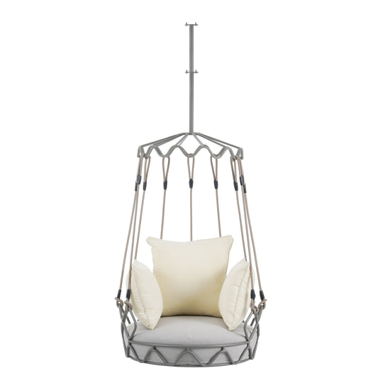 Damerin Patio Chairs Beige Iron Frame Hanging Conversation Chair with Beige Cushioned Seat