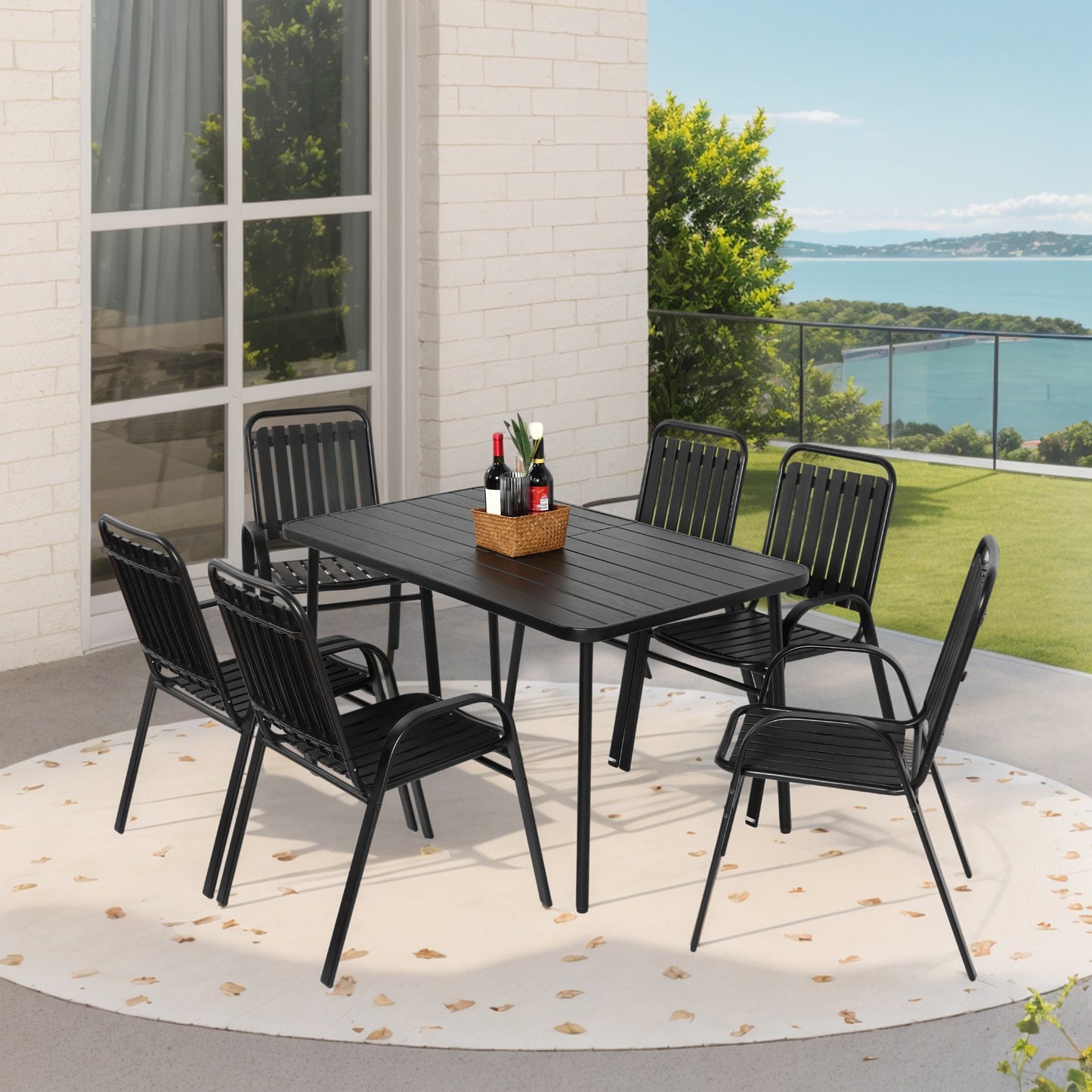 BABOOM 7 Pieces Patio Dining Set 7 -Piece Black Patio Dining Set Steel Rectangle Table with 6 Stationary Chairs