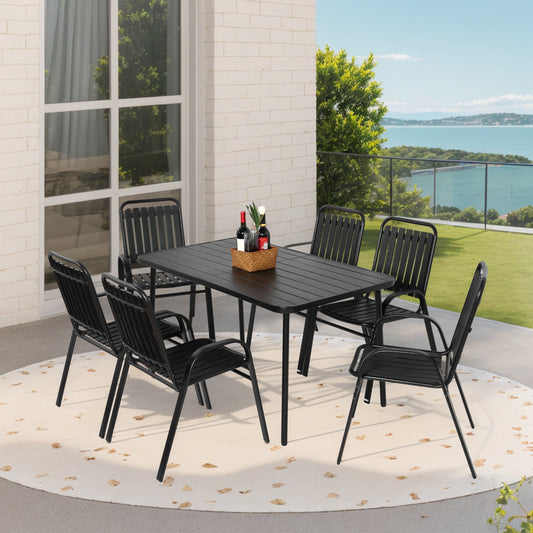 BABOOM 7 Pieces Patio Dining Set 7 -Piece Black Patio Dining Set Steel Rectangle Table with 6 Stationary Chairs