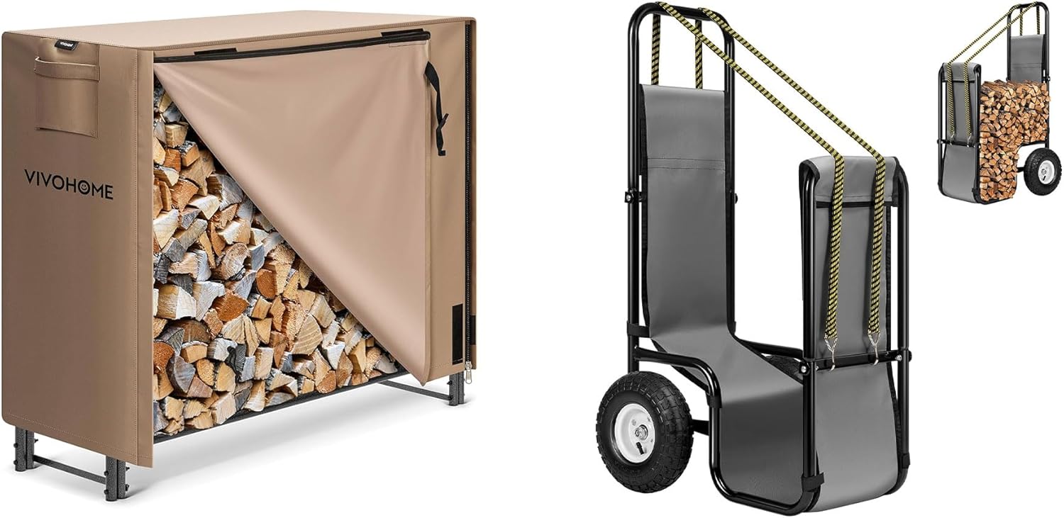 VIVOHOME 4 ft Heavy Duty Firewood Rack Outdoor with Cover, Brown Firewood Log Cart Carrier with Rubber Wheels and 600D Oxford Cloth, 250 LB Capacity Heavy Duty Steel Dolly Hauler