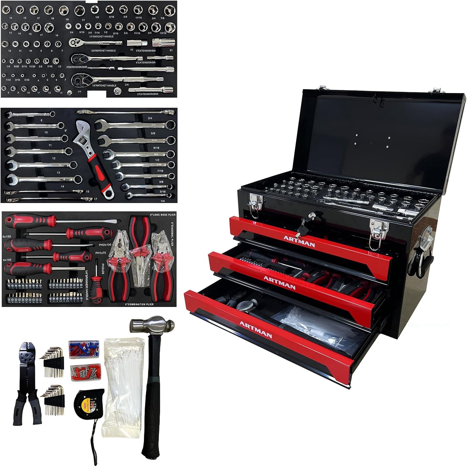 439-Piece Mechanic Tool Set in Heavy-Duty 3-Drawer Steel Box with 4-Tier Socket, Wrenches & Pliers. Portable Household Tool Kit Organizer Case for Auto Repair, Garage, Workshop. Red